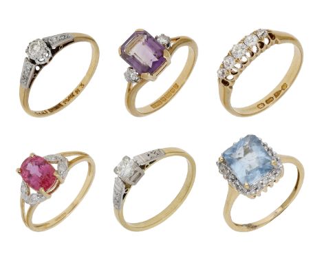 A collection of rings, comprising a diamond five stone ring, Chester 1897, two diamond rings, an amethyst and diamond ring, a