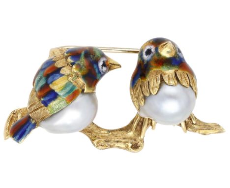 A mid 20th century novelty brooch, designed as a pair of lovebirds perched upon a textured branch, each with polychrome ename