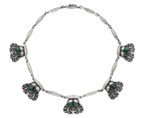 A silver and malachite necklace, design No. 4, designed by Henry Pilstrup for Georg Jensen, post 1945, the barrel-shaped link