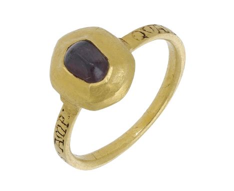 A Medieval gold and garnet posy ring, 13th century, the hexagonal pie-dish bezel centred with a pointed cabochon garnet, betw