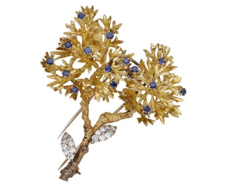 A sapphire and diamond spray brooch, circa 1960, the stylised foliate spray set throughout with circular-cut sapphires, to a 