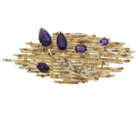 An amethyst brooch, the lozenge-shaped brooch formed of textured bars, with applied pear-shaped amethyst and brilliant-cut di
