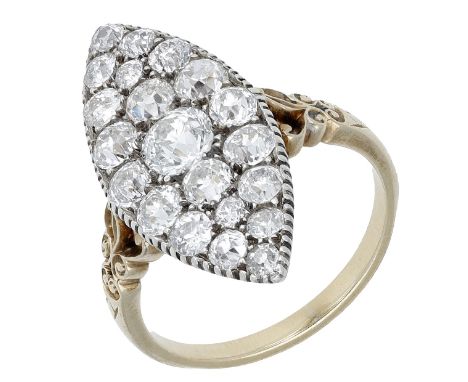 A late 19th century diamond cluster ring, the marquise-shaped panel pavé-set with old brilliant-cut diamonds, mounted in silv
