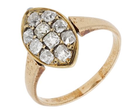 A diamond set cluster ring, the late 19th century marquise-shaped panel pavé-set with old cushion-cut diamonds, mounted in go