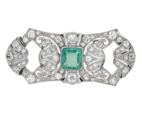 An Art Deco emerald and diamond brooch, the pierced panel set throughout with old brilliant-cut and single-cut diamonds and c