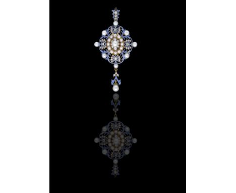 A mid 19th century Renaissance Revival enamel, pearl and diamond pendant, the pierced pendant of scrolled foliate design, wit