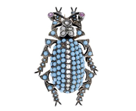 A late 19th century turquoise and diamond beetle brooch, realistically modelled, the beetle set throughout with turquoise cab