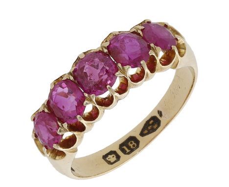 A late 19th century ruby five stone ring, set with a row of circular-cut rubies, mounted in 18ct gold, Chester hallmark, ring