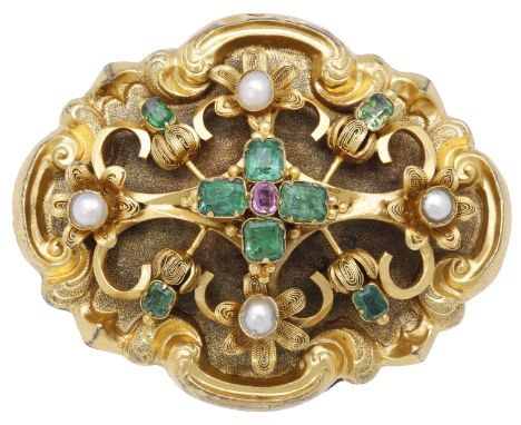 A mid 19th century gem-set brooch, the quatrefoil cartouche with scroll, foliate and filigree decoration, set with cushion-sh