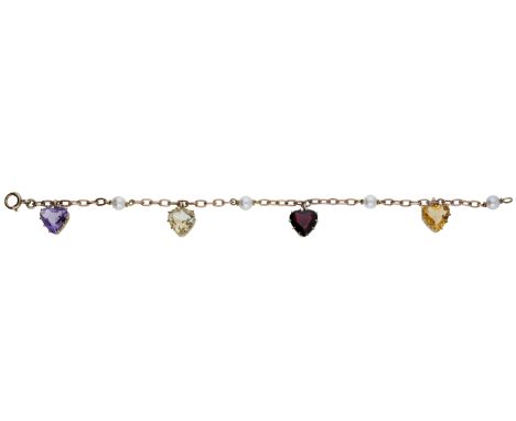 A gem-set bracelet, the cable-link chain interspersed with cultured pearls and suspending heart-shaped drops, including ameth