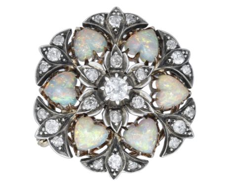 An early 20th century opal and diamond brooch, set throughout with old brilliant and old single-cut diamonds, the central flo