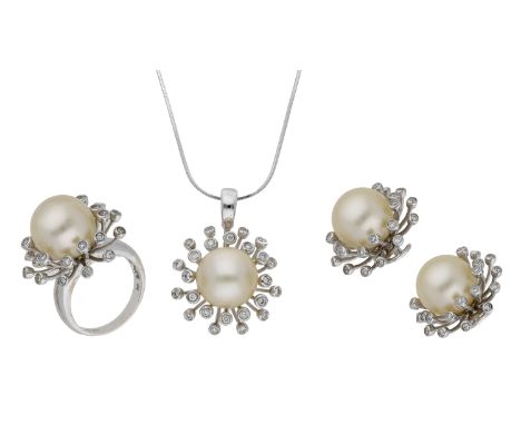 A cultured pearl and diamond suite, comprising a ring, earrings and pendant, each set with a cultured pearl, measuring approx