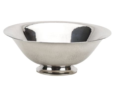 A Danish silver dish by Georg Jensen, of plain design, with everted rim, on concave foot, lightly spot hammered finish, maker