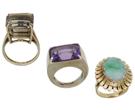 Three gem set rings, comprising two rings by Benjamin Storch, one set with an amethyst, stamped ‘9ct’, the other with a jade 