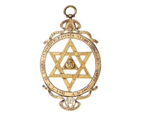 A George III Masonic Royal Arch silver gilt chapter jewel, centred with a mask and triangle within a pentagram, by Thomas Har