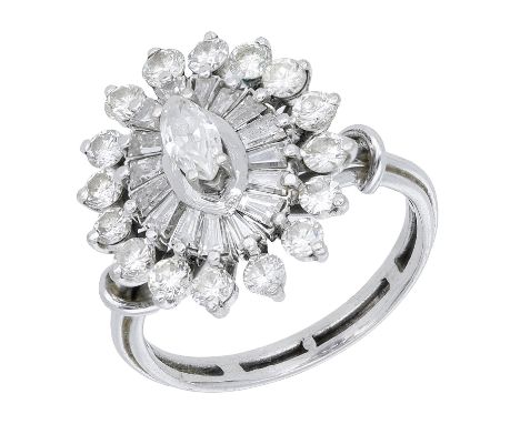 A mid 20th century diamond cluster ring, the marquise-cut diamond within a surround of tapered baguette and brilliant-cut dia