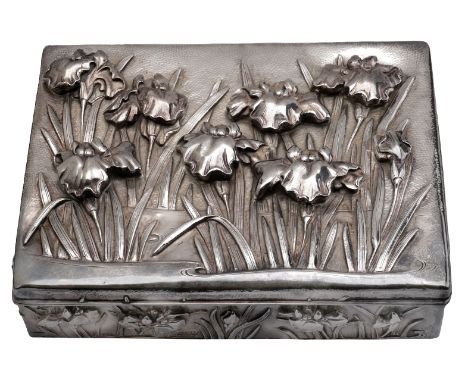 An early 20th century Japanese silver cigar box, Yokohama, circa 1900, by Watanabe, Meiji period, the hinged lid and sides em