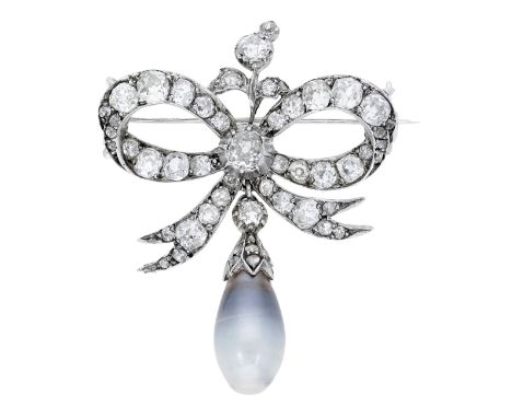 A late 19th century natural pearl and diamond bow brooch, set throughout with old brilliant and rose-cut diamonds, suspending