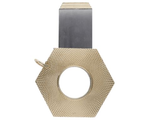 A 9ct gold cigar cutter by Ramsden & Roed, 1962, the hexagonal-shaped cutter with engine-turn finish, steel core and blade, m