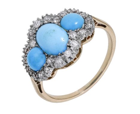 A late 19th century turquoise and diamond ring, the three turquoise cabochons within  a surround of old brilliant-cut diamond