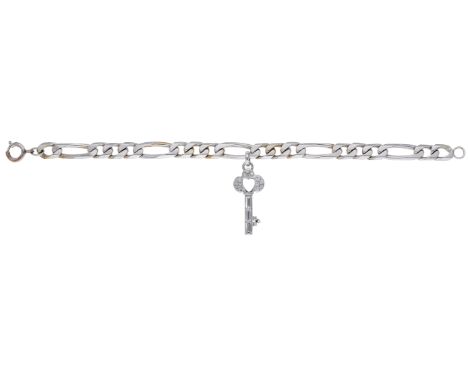 A diamond bracelet, the figaro-link chain suspending a key-shaped charm set with baguette and brilliant-cut diamonds, charm s