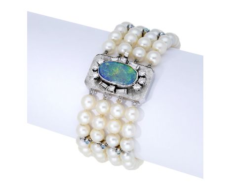 A cultured pearl, opal and diamond bracelet, the four uniform rows of cultured pearls spaced by opal cabochons and terminatin