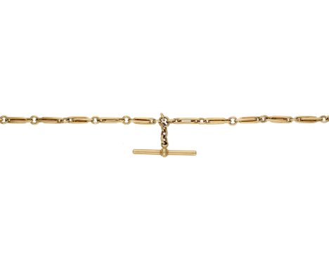 An antique 18ct gold Albert chain, the fetter-link chain with T-bar fitting and swivel clasp terminals, stamped ‘18’ througho