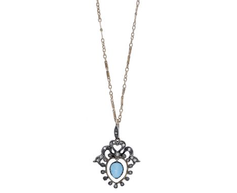 A late 19th century turquoise and diamond pendant, the turquoise sugarloaf cabochon suspended within a bow and garland surrou