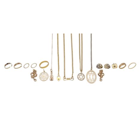 A collection of jewellery, to include pendants, chains, rings, some gem-set, (two rings broken), assorted marks, various leng