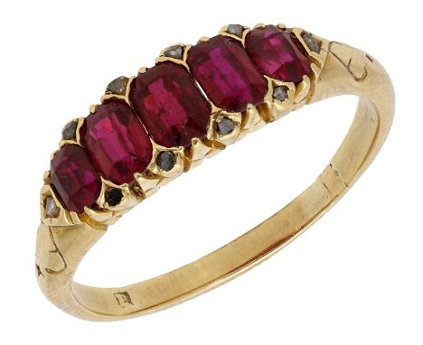 A ruby five stone ring, the graduated cushion-shaped rubies spaced by rose-cut diamond highlights, ring size Q. £400-£600  --
