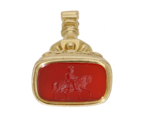 A 19th century hardstone seal fob, the rectangular cushion-shaped intaglio carved to depict a soldier on horseback, carrying 