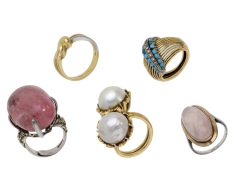 Five gem-set dress rings, including a mid 20th century turquoise and diamond bombé ring, an 18ct gold knot ring, a crossover 