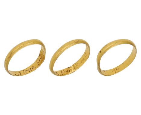 A gold posy ring, late 17th century, the D-shaped hoop inscribed to the inside in italics: ‘A true frind’s gift’, maker’s mar