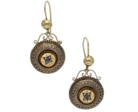 A pair of 19th century gold and gem-set earrings, each circular drop centred with a pale green gemstone and seed pearl highli