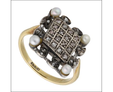 A diamond and seed pearl panel ring, the slightly raised lozenge-shaped bezel set throughout with rose-cut diamonds, claw set