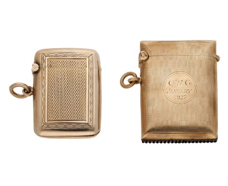 Two 9ct gold vesta cases, both with engine-turned decoration, the first with presentation inscription to the front, hallmarke