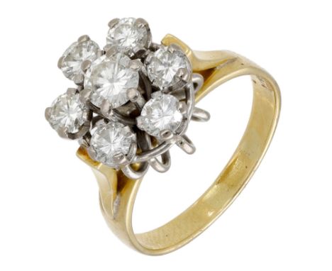 A mid 20th century diamond cluster ring, set with brilliant-cut diamonds in a flowerhead cluster, above a wirework mount, sta