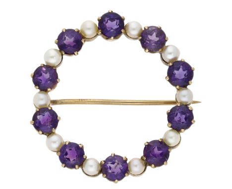An amethyst and seed pearl brooch by Cropp and Farr, 1979, the circlet set with circular-cut amethysts and seed pearls, mount