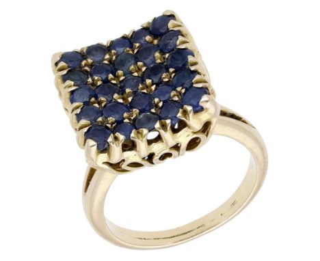 A sapphire panel ring, the curved square-shaped panel pavé-set throughout with circular-cut sapphires, mounted in 14ct gold, 