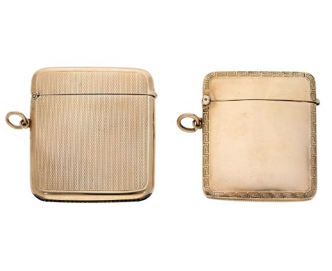 Two slim 9ct gold vesta cases, comprising an engine-turned example and a polished example with Greek key border, both hallmar