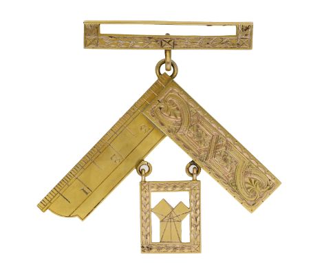 A late Victorian Masonic 9ct gold Past Master’s jewel, the square both scroll engraved and calibrated in inches, inscribed ‘T