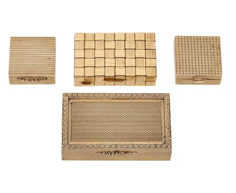 A collection of four gold boxes, comprising a rectangular engine-turned example with star detailed border, and two small squa