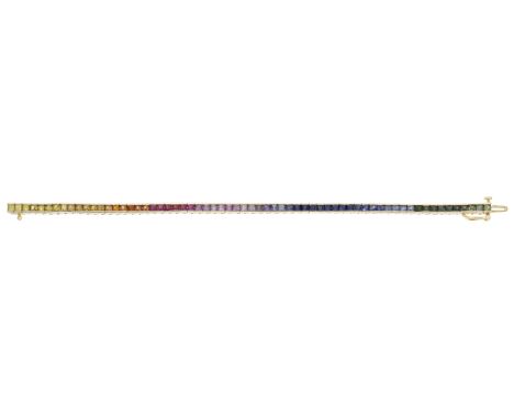 A vari-colour sapphire line bracelet, the articulated bracelet set throughout with square-cut vari-colour sapphires, stamped 