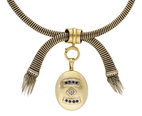 A late 19th century gem-set locket and collar necklace, the gold locket bezel-set with circular-cut sapphires and an old bril