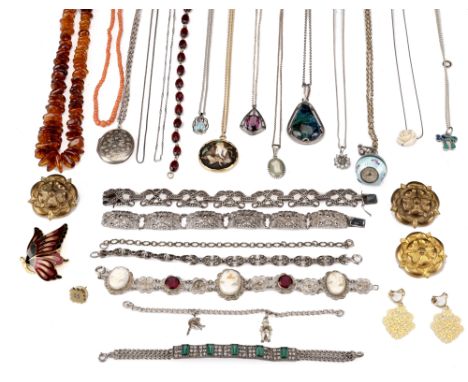 A quantity of costume jewellery, including a silver and sapphire whorl brooch, together with a small selection of silver jewe