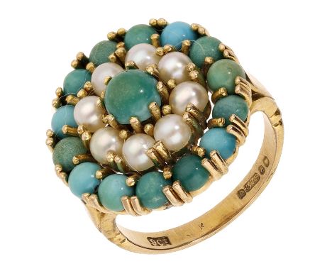 A 9ct gold turquoise and cultured pearl dress ring, 1959, of target design, set with turquoise cabochons and cultured half-pe