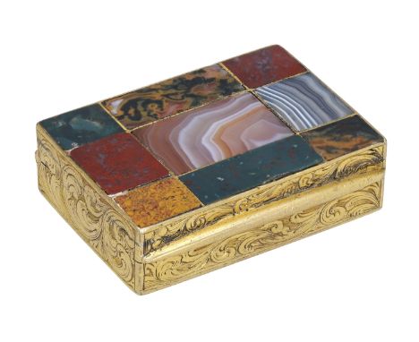 A Victorian hardstone box, the hinged lid inset with jasper, bloodstone and agates, the sides and base scroll engraved, (some