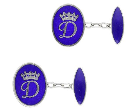 Of Royal interest: A pair of silver and enamel Princess Diana presentation cufflinks by Gerald Benney, 1995,  the oval panels