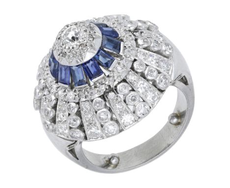 A sapphire and diamond cluster dress ring, of bombé design, set throughout with brilliant, single and rose-cut diamonds, with
