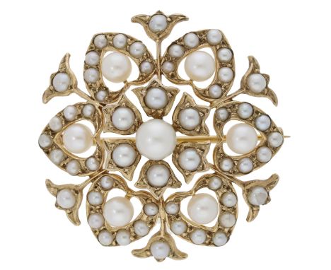 A 9ct gold and cultured pearl brooch by Cropp & Farr, 1991, the pierced brooch of flowerhead design and set throughout with g